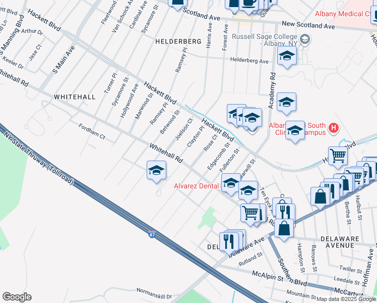 map of restaurants, bars, coffee shops, grocery stores, and more near 15 Clayton Place in Albany