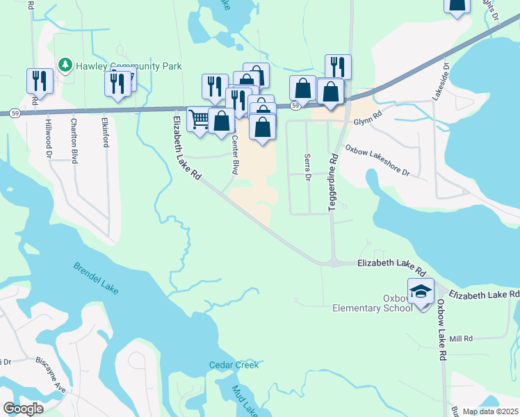 map of restaurants, bars, coffee shops, grocery stores, and more near 10770 Elizabeth Lake Road in White Lake charter Township
