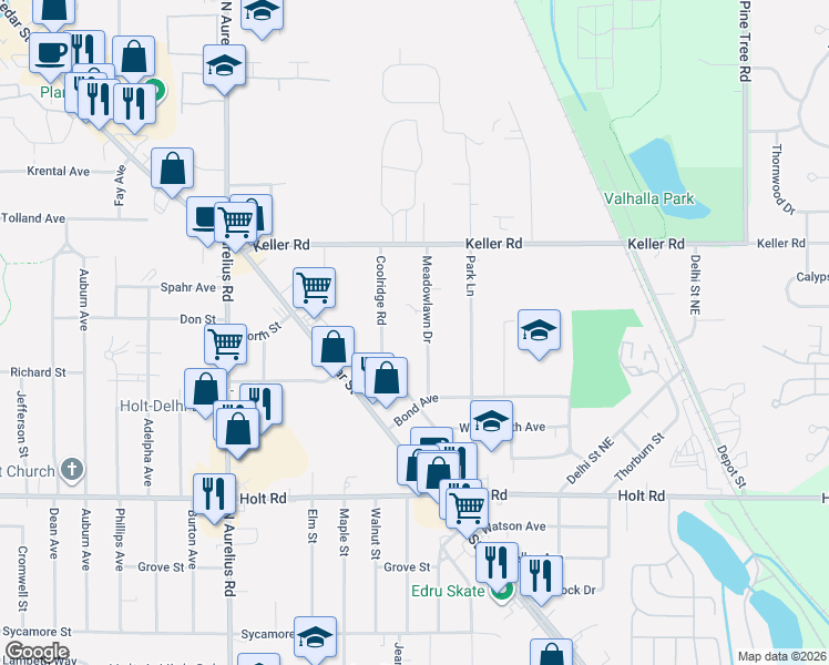 map of restaurants, bars, coffee shops, grocery stores, and more near 2177 Meadowlawn Drive in Delhi charter Township