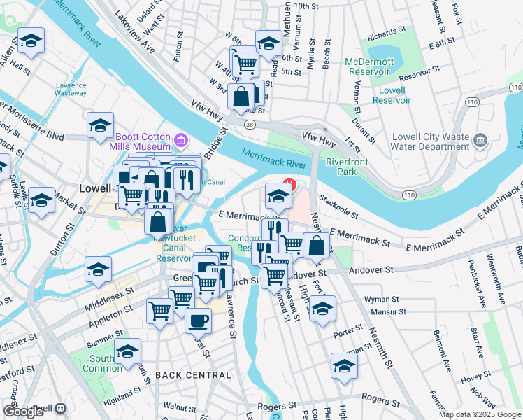 map of restaurants, bars, coffee shops, grocery stores, and more near 12 Fayette Street in Lowell