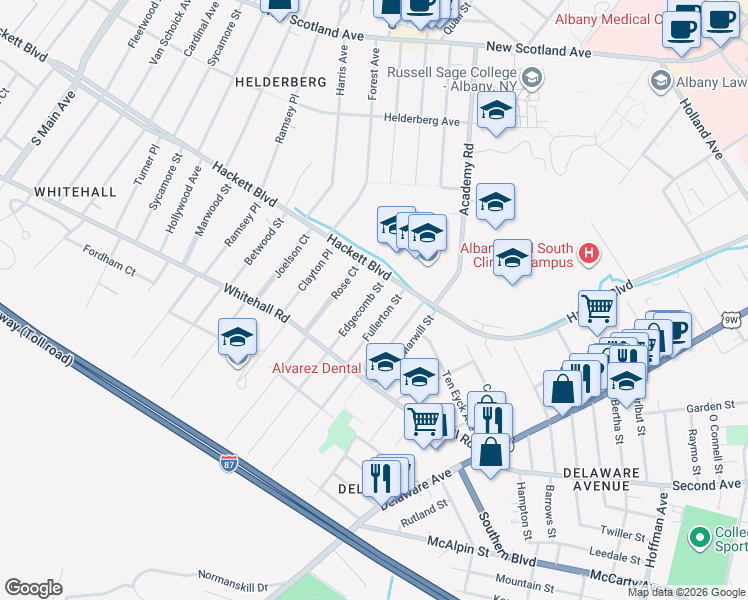 map of restaurants, bars, coffee shops, grocery stores, and more near 29 Edgecomb Street in Albany
