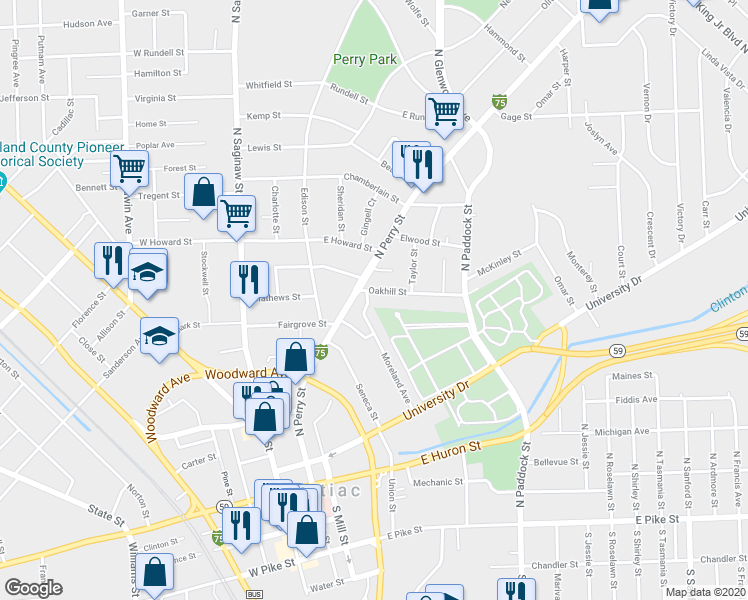 map of restaurants, bars, coffee shops, grocery stores, and more near 16 Oakhill Street in Pontiac