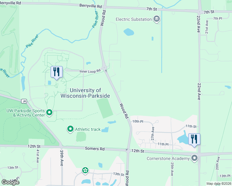 map of restaurants, bars, coffee shops, grocery stores, and more near 985 Wood Road in Kenosha