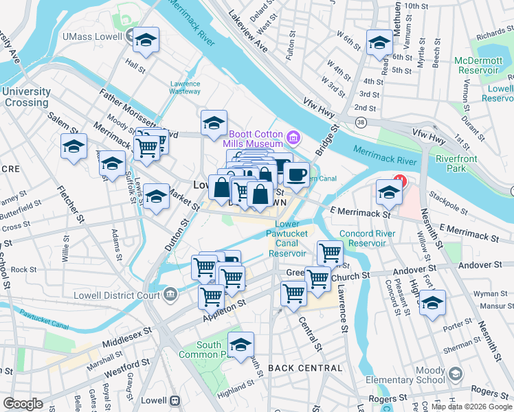 map of restaurants, bars, coffee shops, grocery stores, and more near 38 Middle Street in Lowell