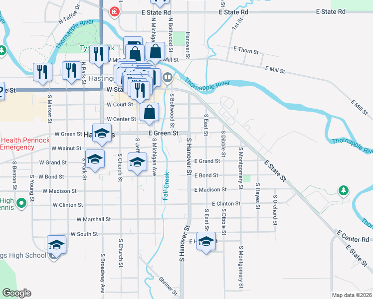 map of restaurants, bars, coffee shops, grocery stores, and more near 502 South Hanover Street in Hastings