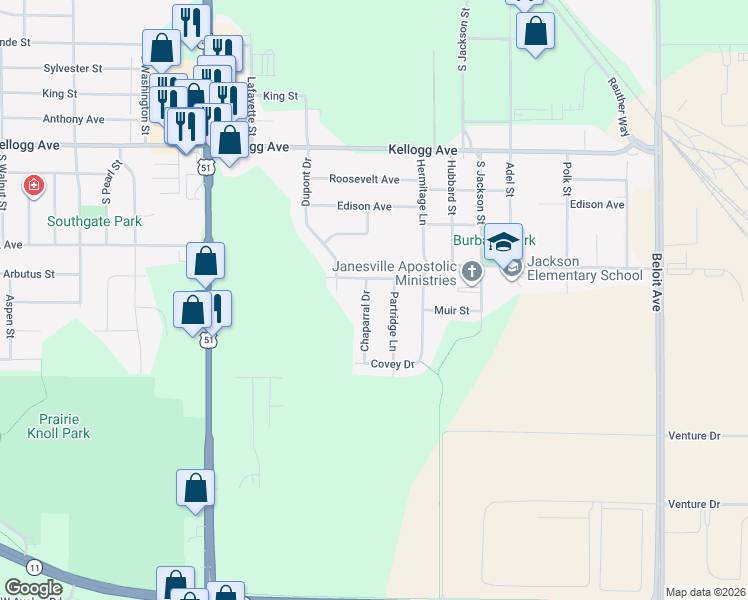 map of restaurants, bars, coffee shops, grocery stores, and more near 2328 Partridge Lane in Janesville