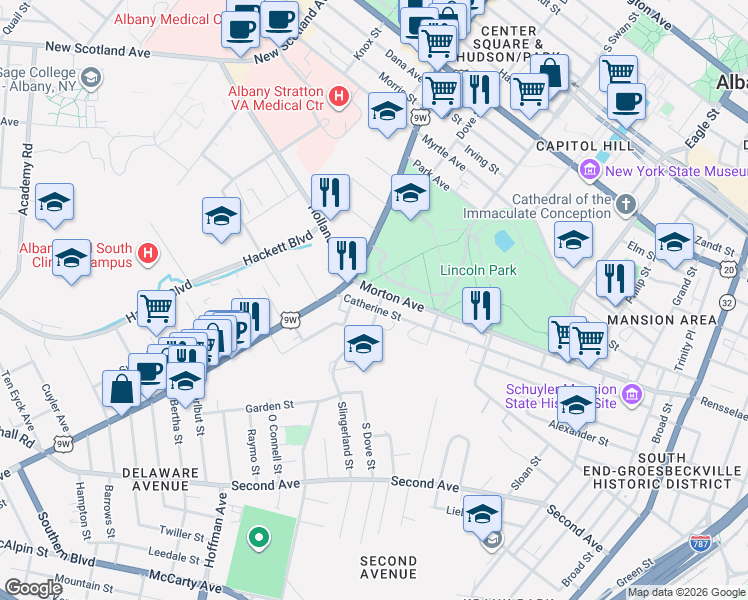 map of restaurants, bars, coffee shops, grocery stores, and more near 266 Morton Avenue in Albany