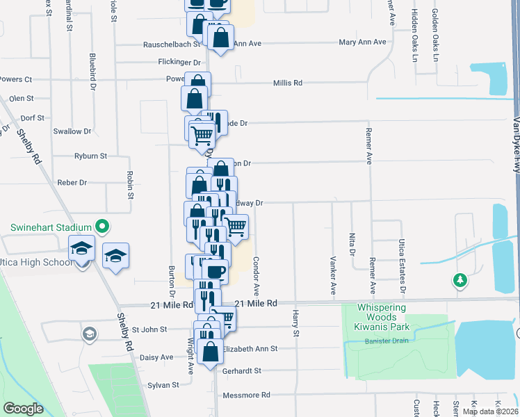 map of restaurants, bars, coffee shops, grocery stores, and more near 8316 Speedway Drive in Macomb County