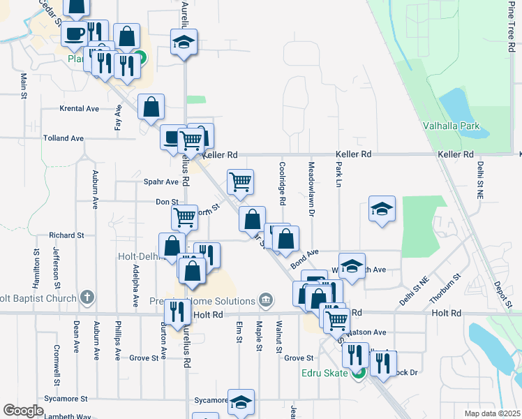 map of restaurants, bars, coffee shops, grocery stores, and more near 2164 Bertha Street in Holt