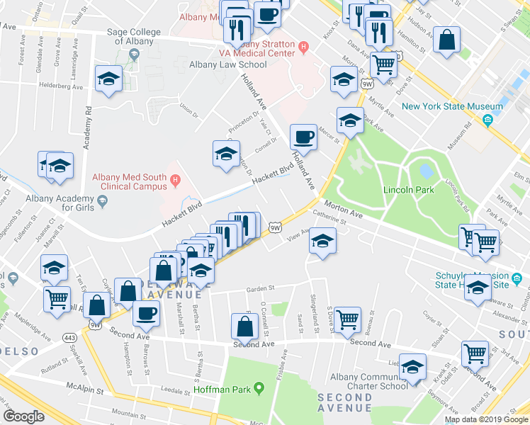 map of restaurants, bars, coffee shops, grocery stores, and more near 14 Delaware Terrace in Albany