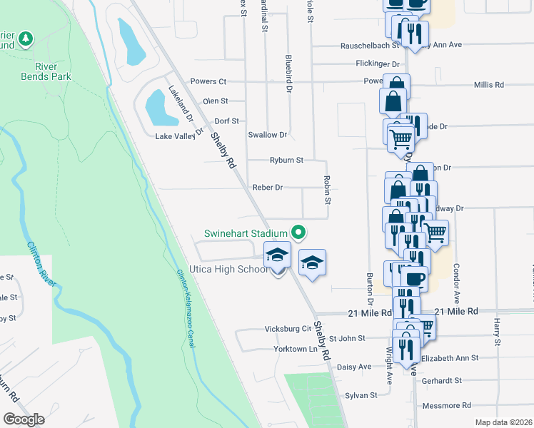 map of restaurants, bars, coffee shops, grocery stores, and more near 47624 Shelby Road in Shelby Township