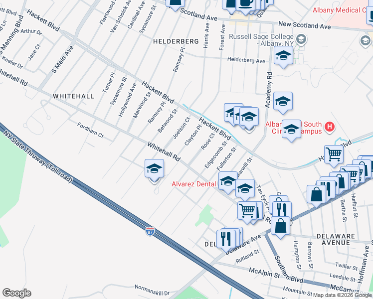 map of restaurants, bars, coffee shops, grocery stores, and more near 15 Clayton Place in Albany
