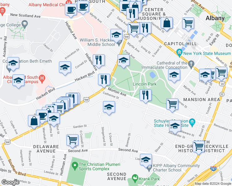 map of restaurants, bars, coffee shops, grocery stores, and more near 266 Morton Avenue in Albany