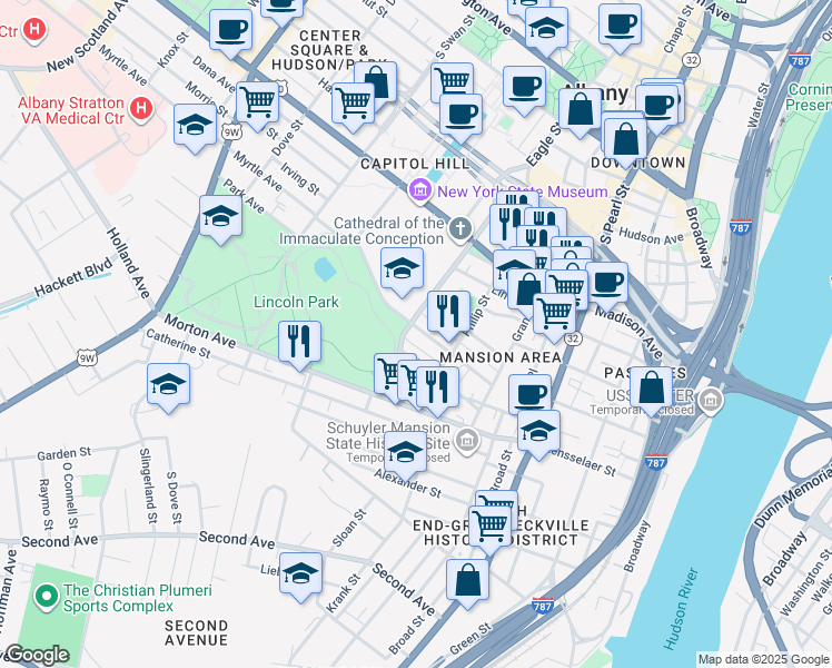 map of restaurants, bars, coffee shops, grocery stores, and more near 67 Park Avenue in Albany