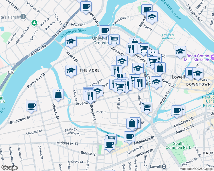 map of restaurants, bars, coffee shops, grocery stores, and more near 46 Butterfield Street in Lowell