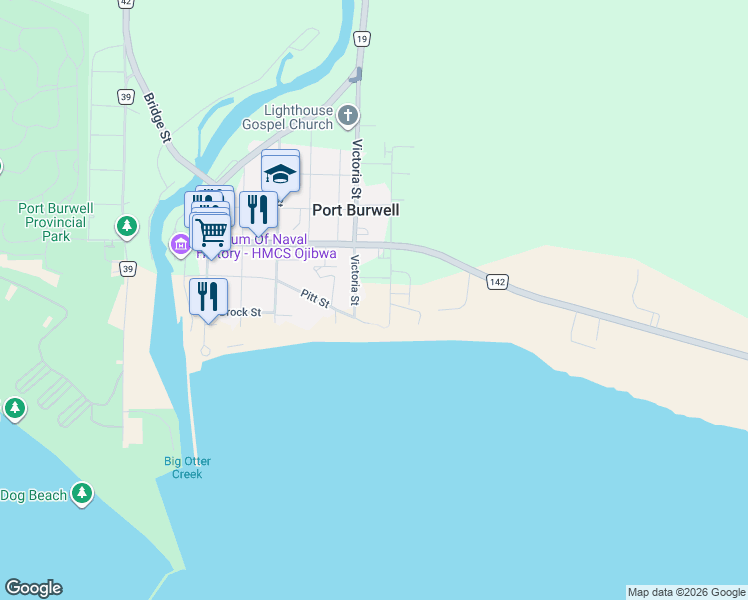 map of restaurants, bars, coffee shops, grocery stores, and more near 11 Elizabeth Street in Port Burwell