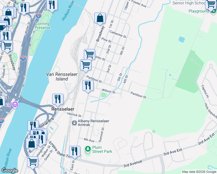 map of restaurants, bars, coffee shops, grocery stores, and more near 66 Partition Street in Rensselaer