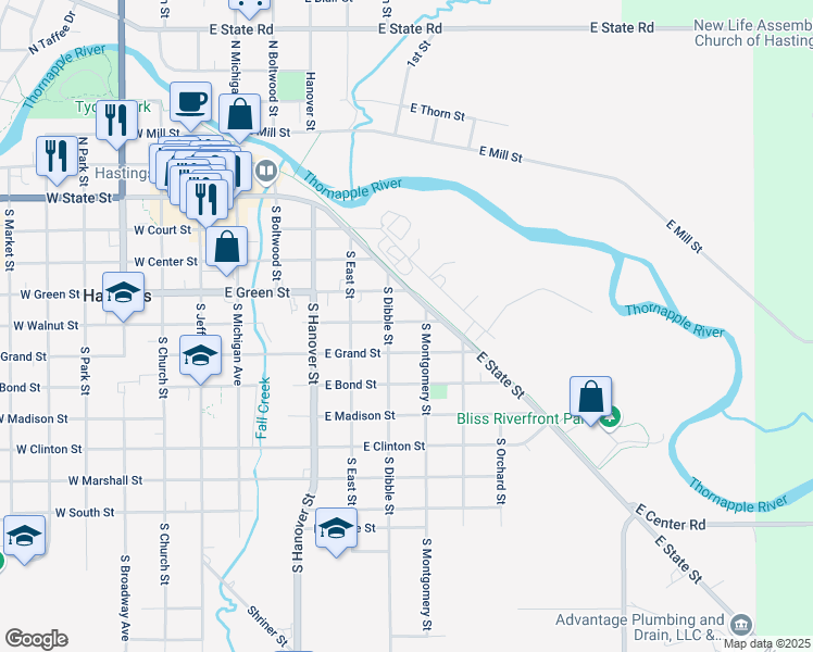map of restaurants, bars, coffee shops, grocery stores, and more near 620 East Walnut Street in Hastings