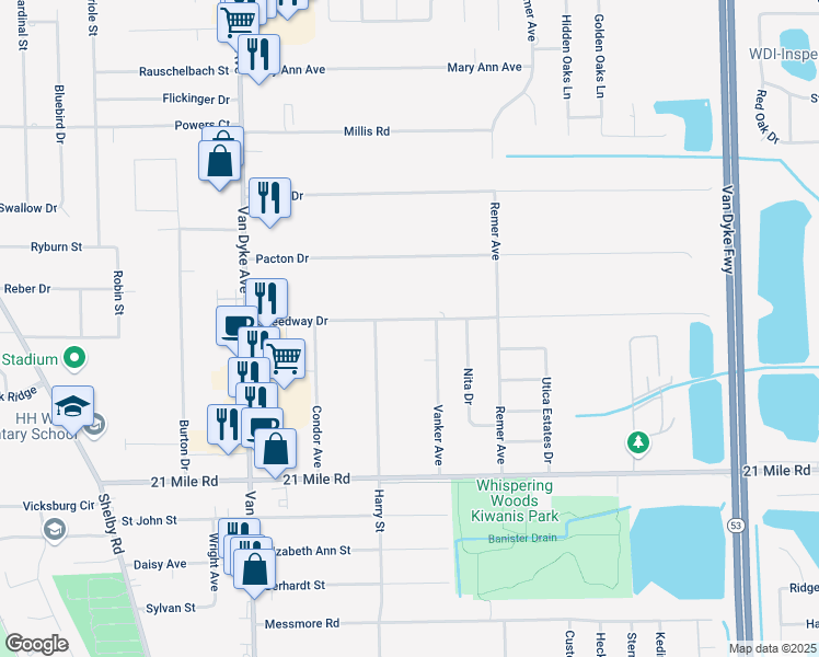 map of restaurants, bars, coffee shops, grocery stores, and more near 8676 Speedway Drive in Macomb County