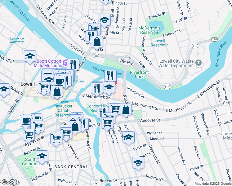 map of restaurants, bars, coffee shops, grocery stores, and more near 59 Bartlett Street in Lowell