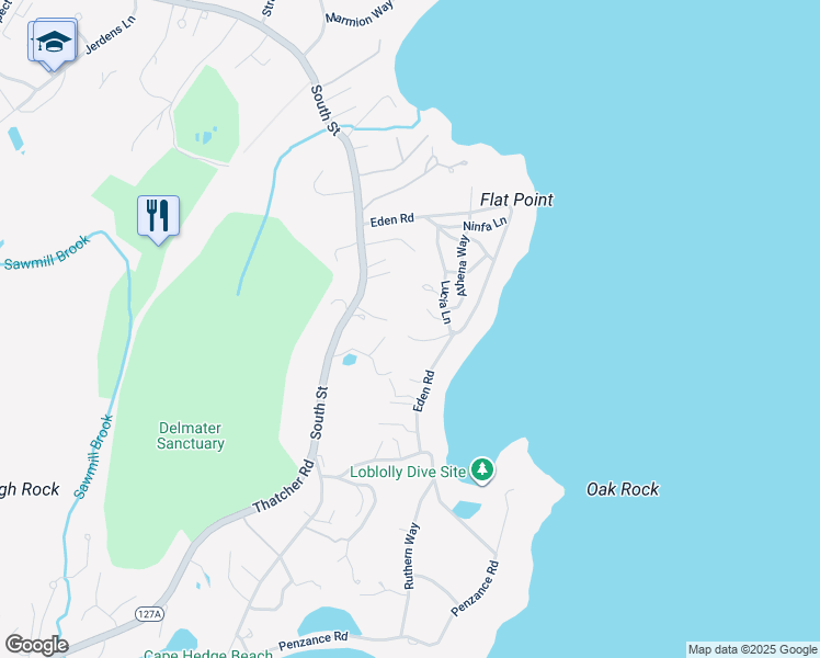 map of restaurants, bars, coffee shops, grocery stores, and more near 24 North Light Lane in Rockport