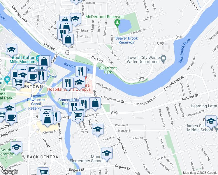 map of restaurants, bars, coffee shops, grocery stores, and more near 238 Stackpole Street in Lowell