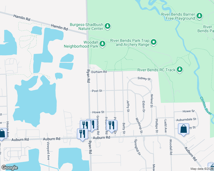 map of restaurants, bars, coffee shops, grocery stores, and more near 47750 Frederick Road in Macomb County