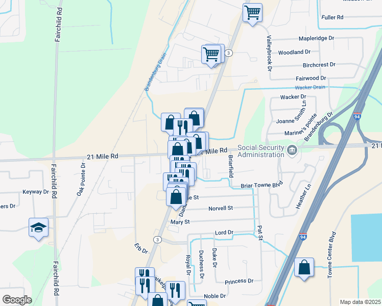 map of restaurants, bars, coffee shops, grocery stores, and more near Gratiot Ave & 21 Mile Rd in Macomb