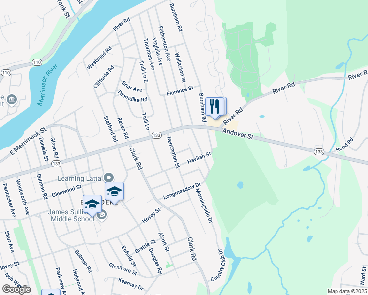 map of restaurants, bars, coffee shops, grocery stores, and more near 24 Lawn Avenue in Lowell