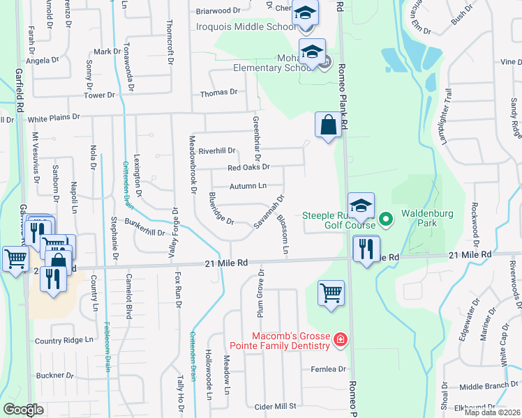 map of restaurants, bars, coffee shops, grocery stores, and more near 47191 Blossom Lane in Macomb