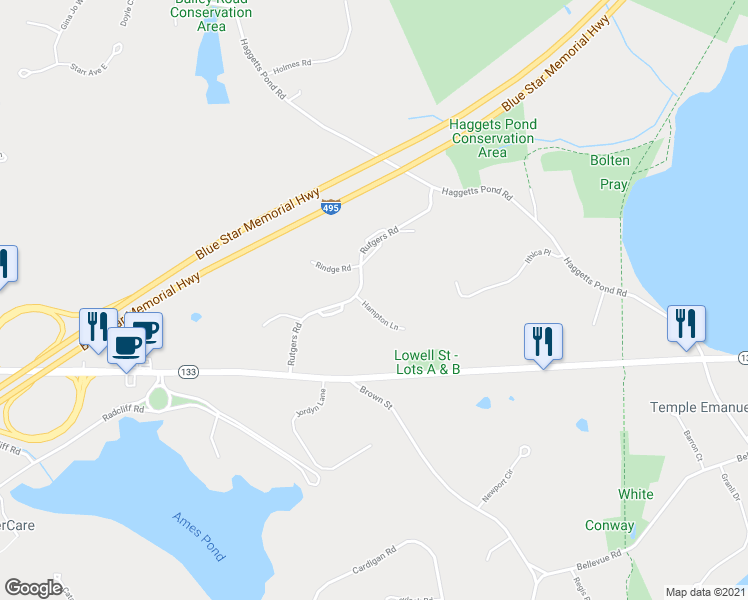 map of restaurants, bars, coffee shops, grocery stores, and more near 2 Hampton Lane in Andover