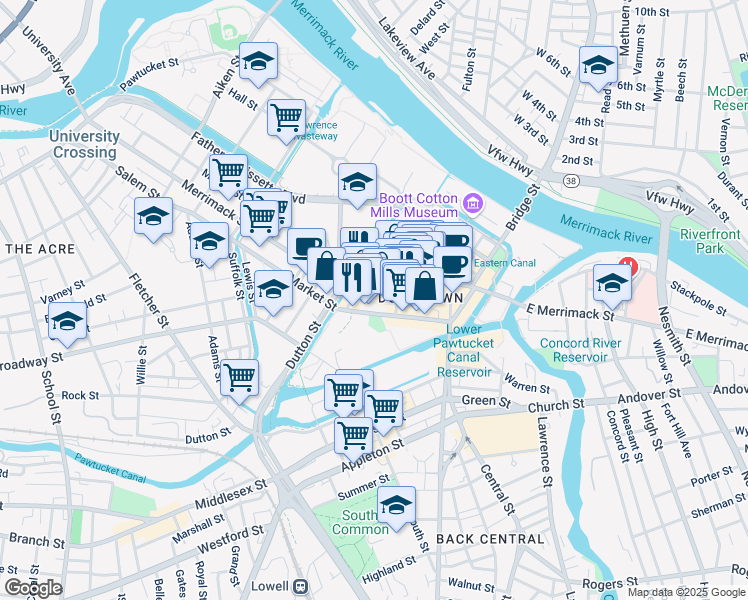 map of restaurants, bars, coffee shops, grocery stores, and more near 150 Middle Street in Lowell