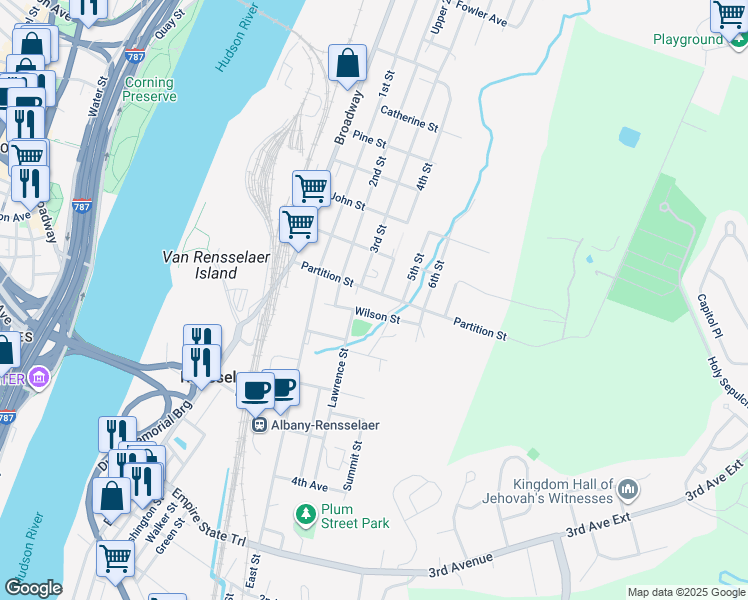 map of restaurants, bars, coffee shops, grocery stores, and more near 24 Wilson Street in Rensselaer