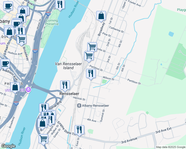 map of restaurants, bars, coffee shops, grocery stores, and more near 742 East Street in Rensselaer