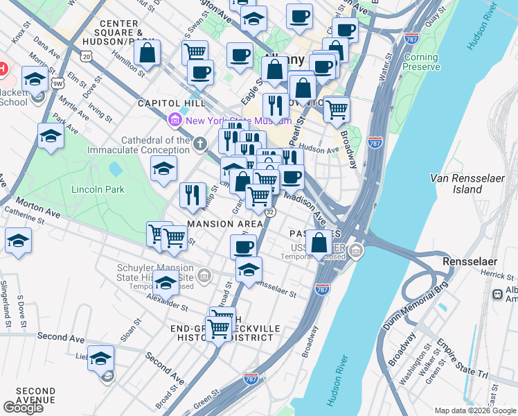 map of restaurants, bars, coffee shops, grocery stores, and more near 35 Trinity Place in Albany