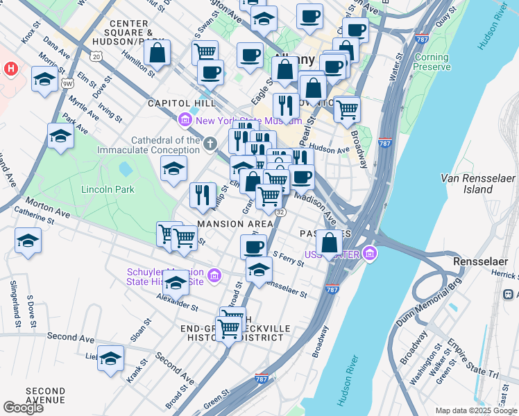 map of restaurants, bars, coffee shops, grocery stores, and more near 35 Trinity Place in Albany
