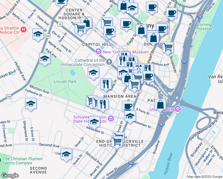 map of restaurants, bars, coffee shops, grocery stores, and more near 97 Philip Street in Albany