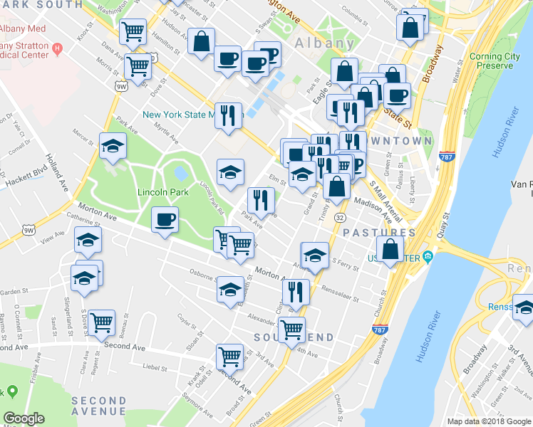 map of restaurants, bars, coffee shops, grocery stores, and more near 97 Philip Street in Albany