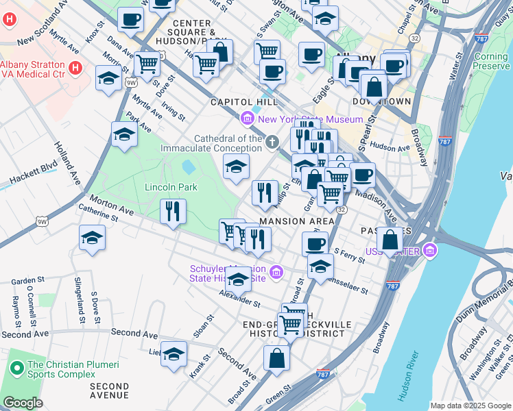 map of restaurants, bars, coffee shops, grocery stores, and more near 67 Park Avenue in Albany