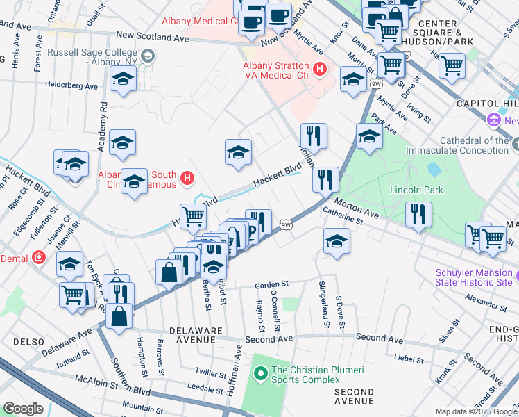 map of restaurants, bars, coffee shops, grocery stores, and more near 23 Magnolia Terrace in Albany