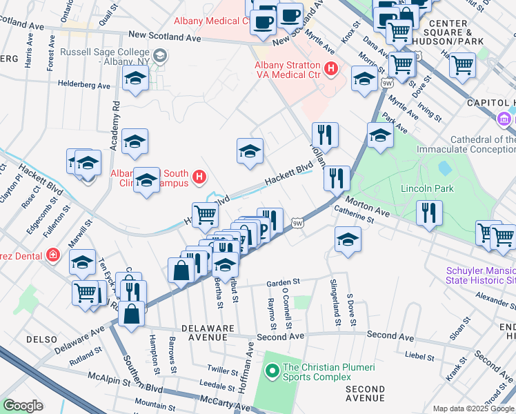 map of restaurants, bars, coffee shops, grocery stores, and more near 23 Magnolia Terrace in Albany