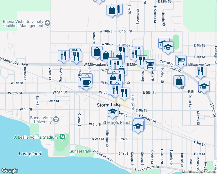 map of restaurants, bars, coffee shops, grocery stores, and more near 601-699 Michigan Street in Storm Lake