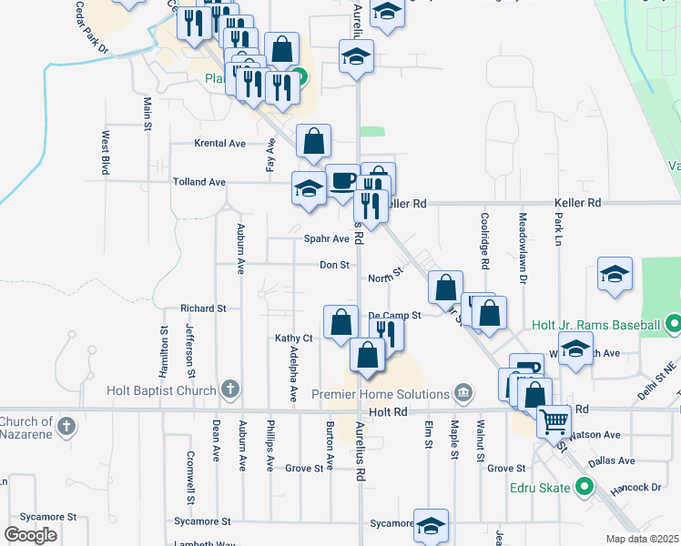 map of restaurants, bars, coffee shops, grocery stores, and more near 4531 Don Street in Delhi charter Township