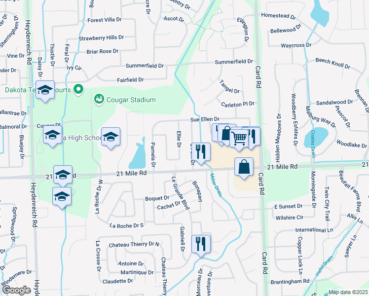 map of restaurants, bars, coffee shops, grocery stores, and more near 47210 Ellie Dr in Macomb