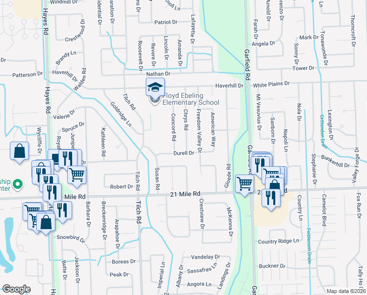 map of restaurants, bars, coffee shops, grocery stores, and more near 47343 Chrys Road in Macomb