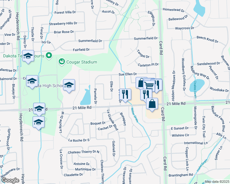 map of restaurants, bars, coffee shops, grocery stores, and more near 47210 Ellie Drive in Macomb