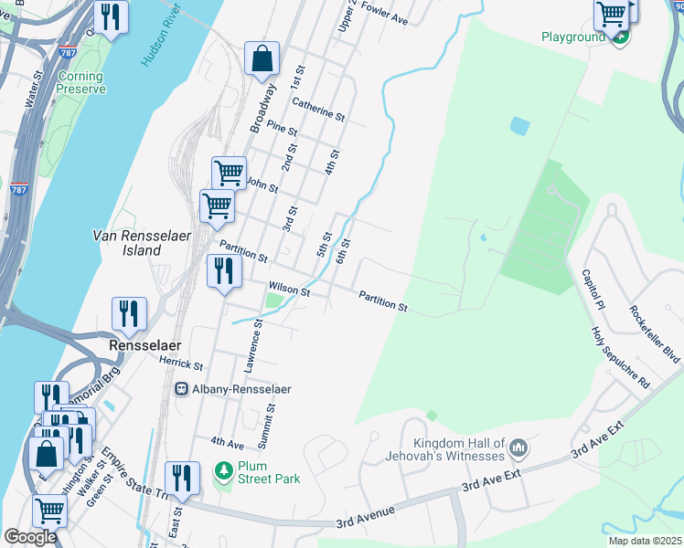 map of restaurants, bars, coffee shops, grocery stores, and more near 822 6th Street in Rensselaer