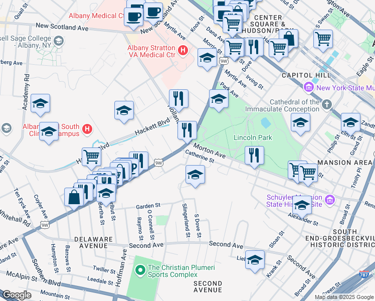 map of restaurants, bars, coffee shops, grocery stores, and more near 176 Delaware Avenue in Albany