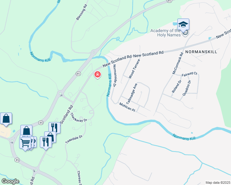 map of restaurants, bars, coffee shops, grocery stores, and more near 40 Normanside Drive in Albany