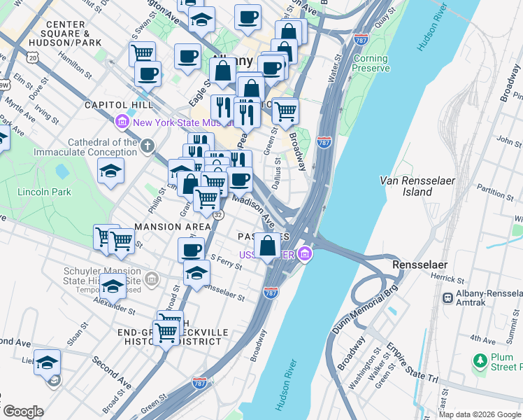 map of restaurants, bars, coffee shops, grocery stores, and more near 1 New York State Bicycle Route 5 in Albany